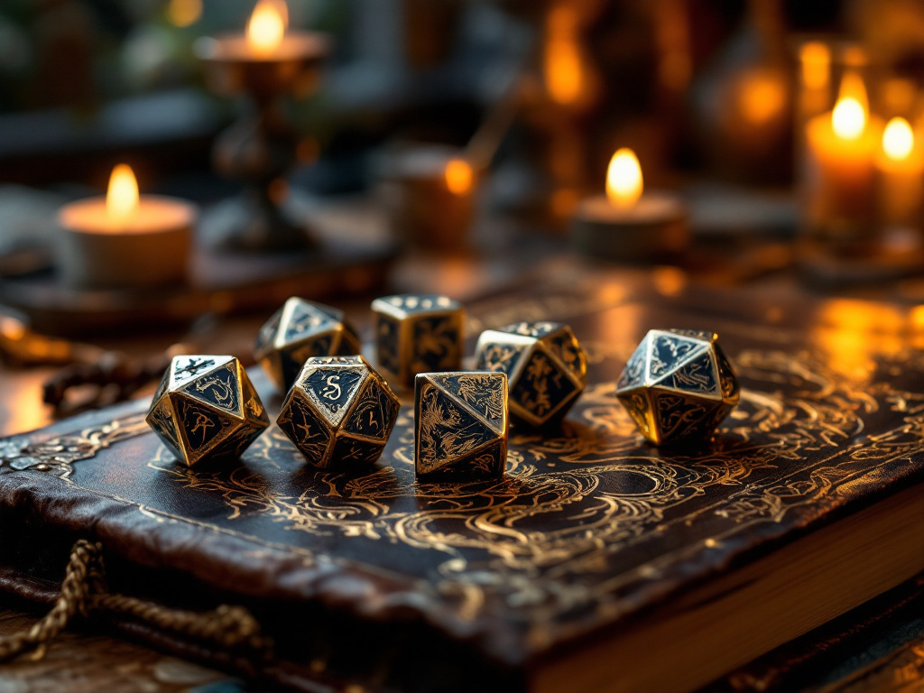 Metallic D&D dice on a leather-bound spellbook